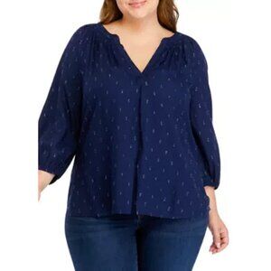 Como Black Women's Peasant Top Split Neck Navy Dotted Swiss Large 3/4 Sleeve